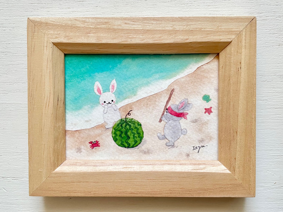 透明水彩画 ミニ額「うさぎちゃんのスイカ割り」イラスト プチ