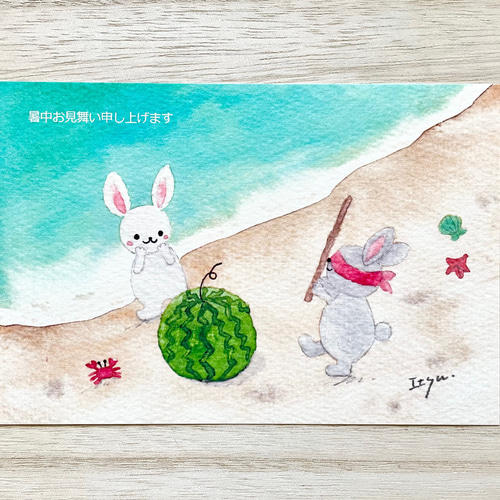 原画、キャンバス「イースターうさぎ」緑 －かわいい絵