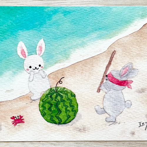 透明水彩画 3枚セット「うさぎちゃんのスイカ割り」イラスト