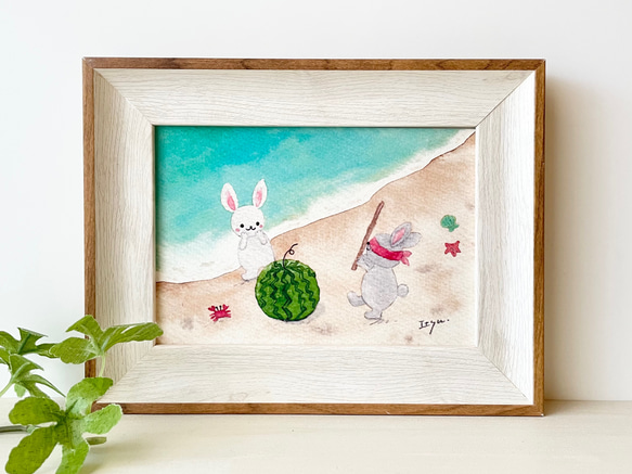 透明水彩画 A4ポスター「うさぎちゃんのスイカ割り」イラスト 海 夏 夏