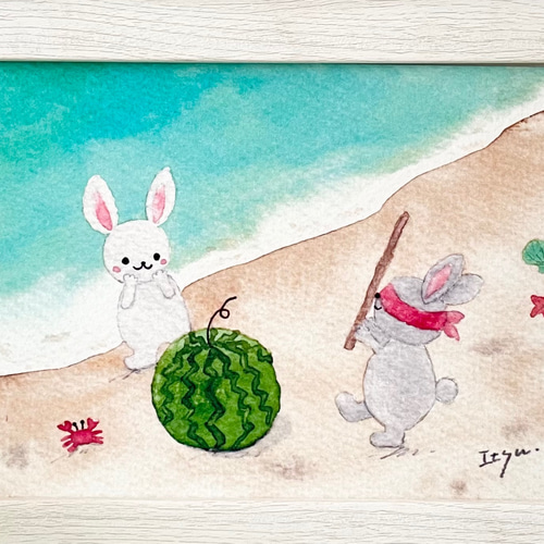 透明水彩画 A4ポスター「うさぎちゃんのスイカ割り」イラスト 海 夏 夏