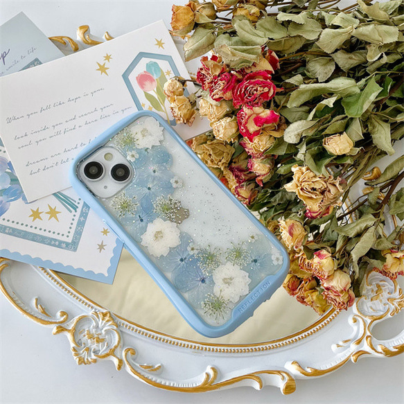 紫陽花iFace風押し花スマホケース*全機種対応*手帳型*iPhone15*iPhone15Pro* iPhone14 3枚目の画像