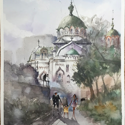 朝の大聖堂 ニコライ堂 千代田区 御茶の水 教会 正教会 水彩画 原画