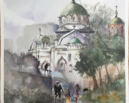 朝の大聖堂 ニコライ堂 千代田区 御茶の水 教会 正教会 水彩画 原画