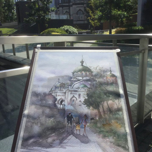 朝の大聖堂 ニコライ堂 千代田区 御茶の水 教会 正教会 水彩画 原画