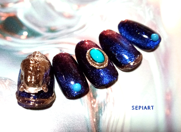 ネイビーマグネット♡ネイルチップ Attention (Oval) - FINGER SUIT(フィンガースーツ)ネイルチップ