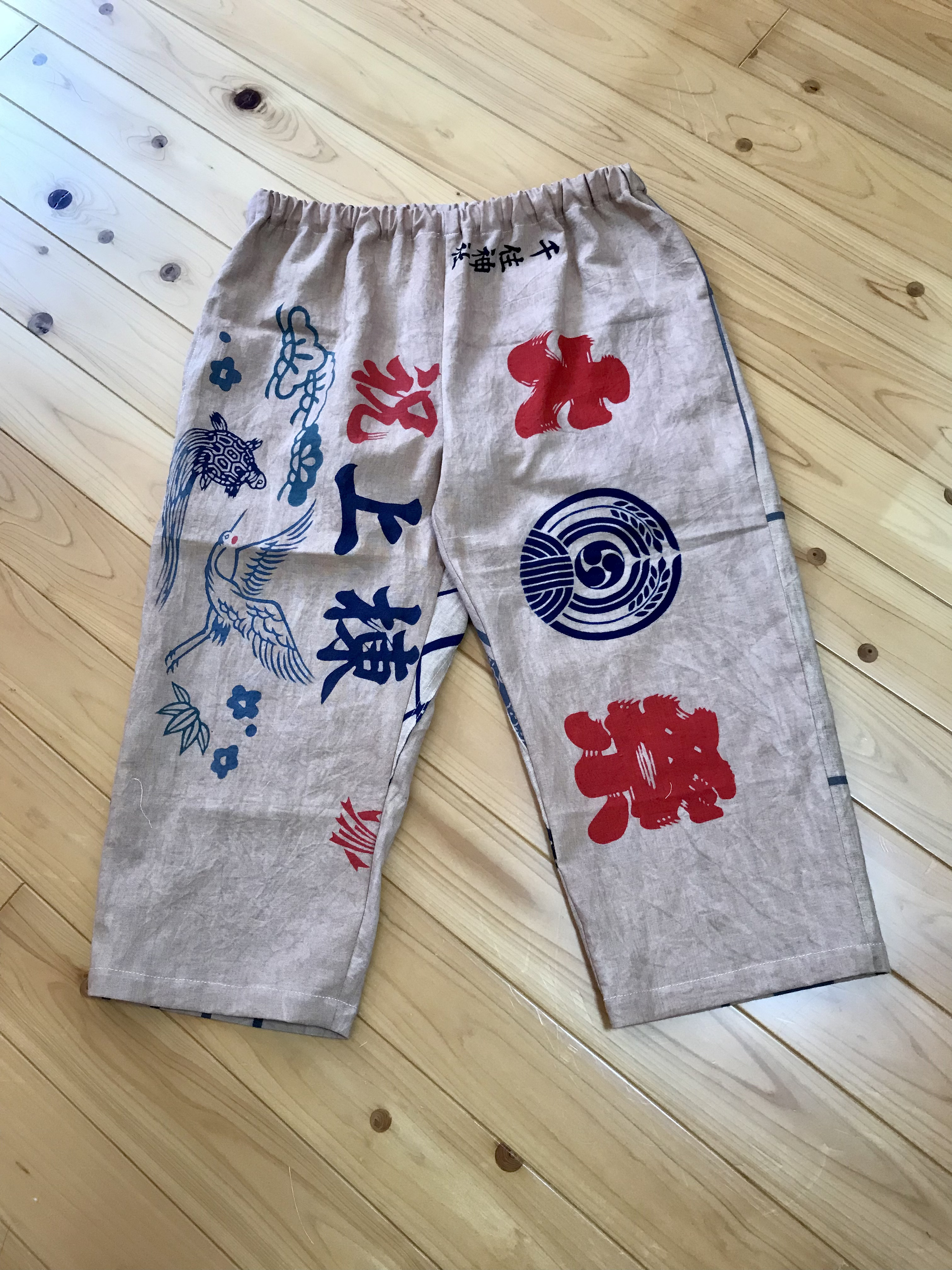 木版画 ハンドメイド 小原古邨 ワイドパンツ 柿渋染めもんぺ【猫魚】手ぬぐい