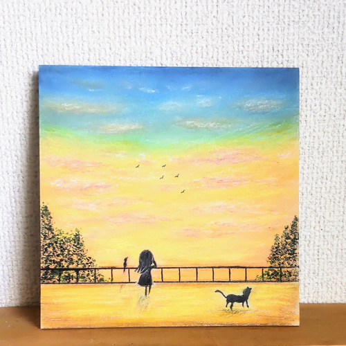 パステル画（原画）夕暮れの街。 パステル画（原画）夕暮れの街。 （夕暮れの空は夕焼けの典型的