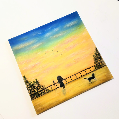 パステル画（原画）夕暮れの街。