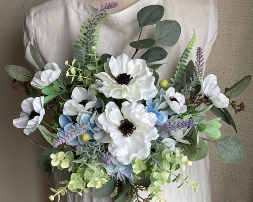 ホワイトアネモネウェディングブーケ&ブートニア ブーケ