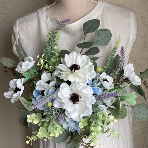 ホワイトアネモネウェディングブーケ&ブートニア ブーケ