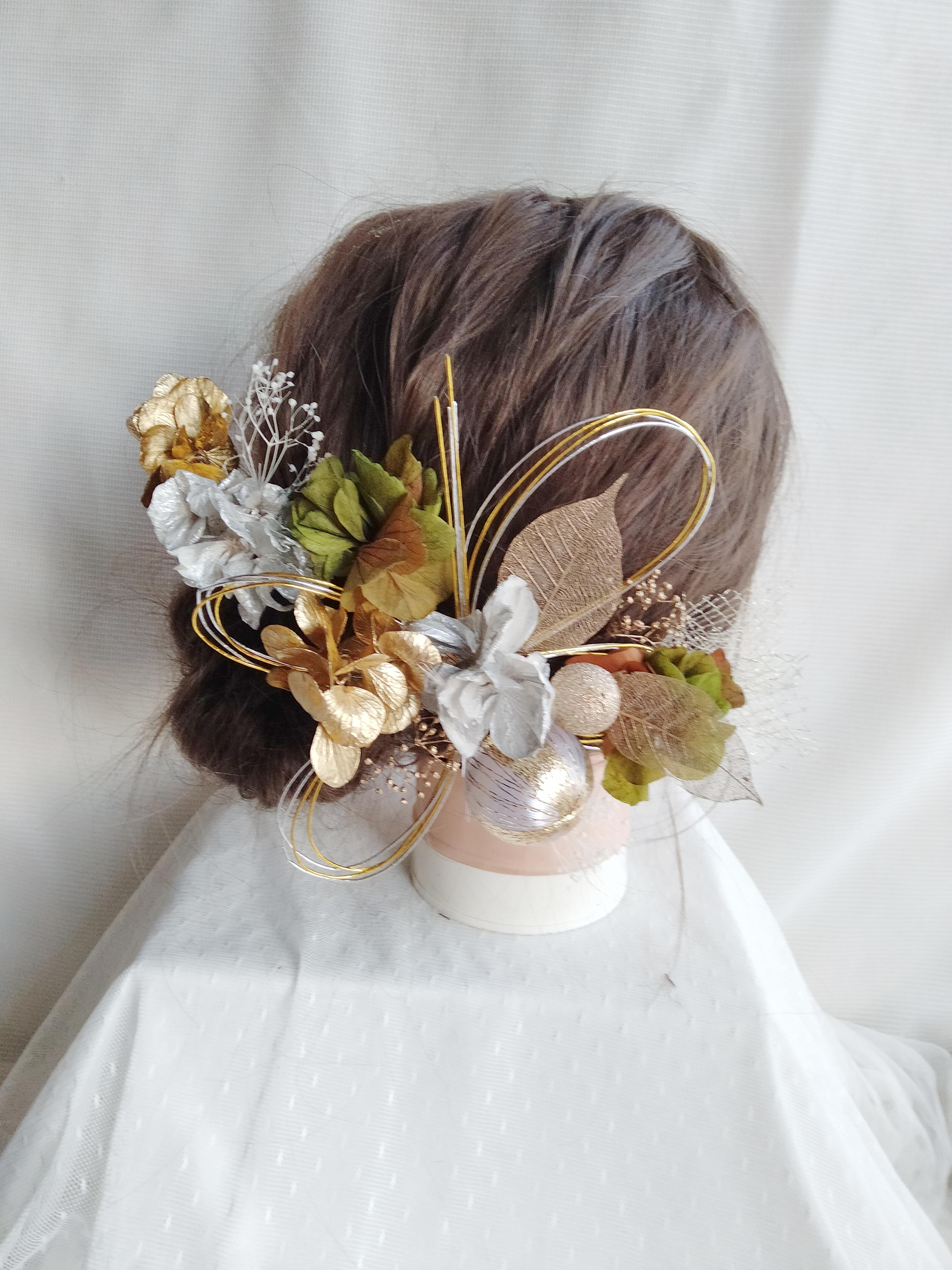 水引と和玉の三色の髪飾り　卒業式　成人式　結婚式　ドライフラワー　プリザーブドフラワー