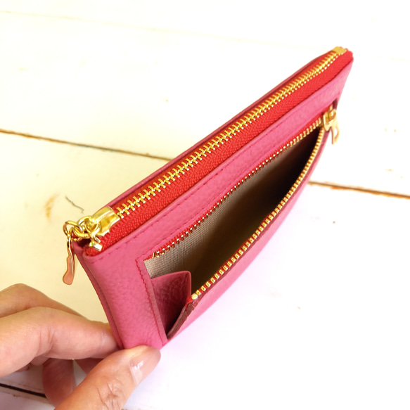 ミニ財布にもなる本革マルチケース(ピンク) お財布、カードケース等いろいろ使える！高級イタリアンレザー【かわつむ】皮革 5枚目の画像