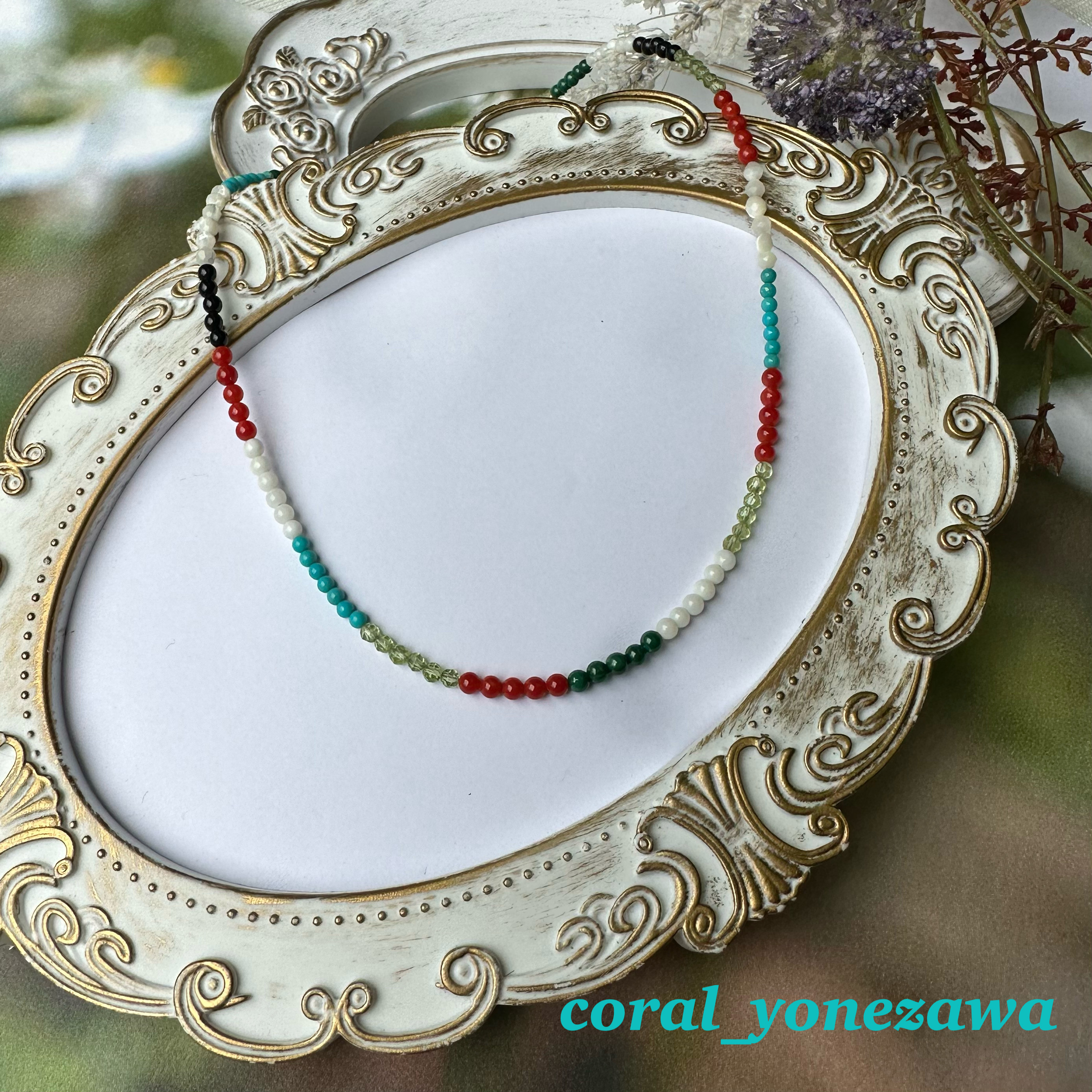 赤珊瑚入り　七色の天然石ネックレス　オリジナル　留め金K18 R50721H1