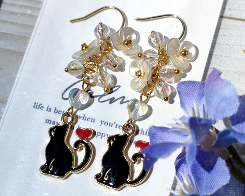 黒猫 の ピアス /イヤリング 黒ネコ ピアス（フック・チェーン