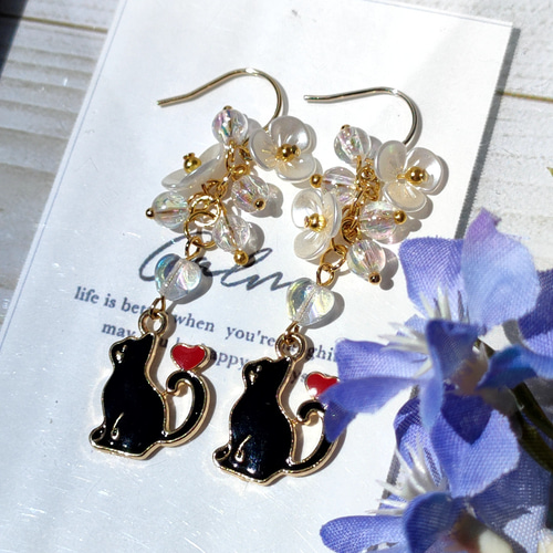 ☆❤️ 薔薇 猫 黒ネコ りぼん ピアス イヤリング ハンドメイド
