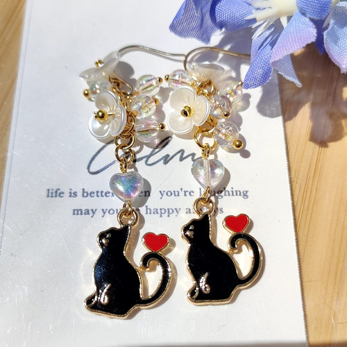 黒猫 の ピアス /イヤリング 黒ネコ ピアス（フック・チェーン