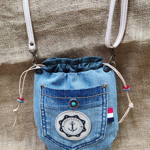 リメイクデニム×本革の 丸底巾着ポシェット ポシェット koketty mini 