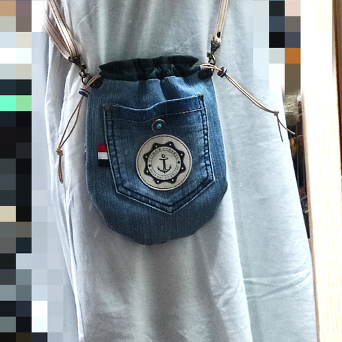 リメイクデニム×本革の 丸底巾着ポシェット ポシェット koketty mini 