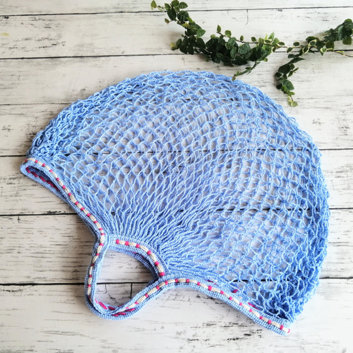 ネットバッグ 水色 刺繍 メッシュバッグ マルシェバッグ エコ
