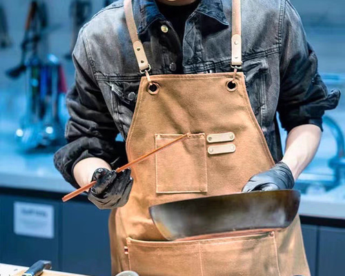 ブラウン キャンパスPU バックストラップ ロングエプロン レディース