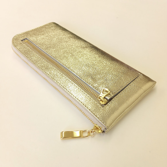 スリムで軽く大容量な長財布（シャンパンゴールド）14枚カードポケット◇牛革 自然なシュリンク◇レザー レディース 皮 4枚目の画像