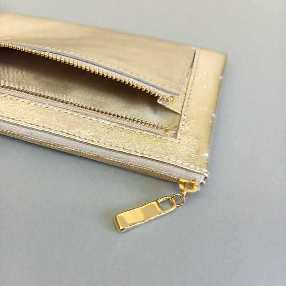 スリムで軽く大容量な長財布（シャンパンゴールド）14枚カードポケット◇牛革 自然なシュリンク◇レザー レディース 皮 9枚目の画像
