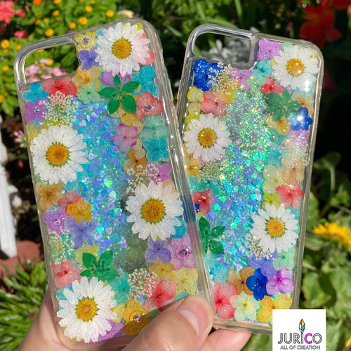 キラキラグリッターが流れる押し花スマホケース ☆iPhone 限定