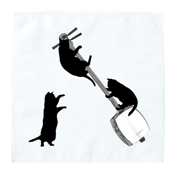 三味線と黒猫のタオルハンカチ 1枚目の画像