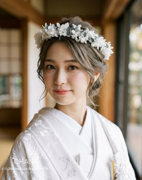 ボリュームたっぷり】白あじさいとユーカリの花冠 ヘッドドレス｜成人