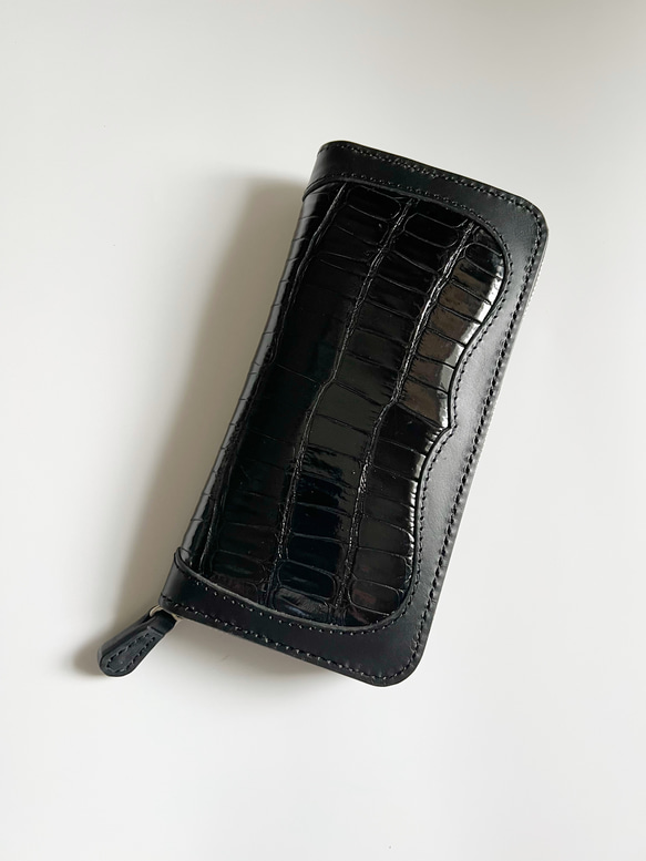 クロコダイル ブラック ラウンドファスナーウォレット ダブルカット  