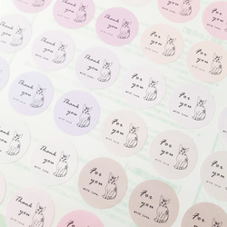 丸い ギフトシール 猫 ネコ ピンクベージュ 48枚入り 文字変更可能 サンキューシール ショップシール 1枚目の画像
