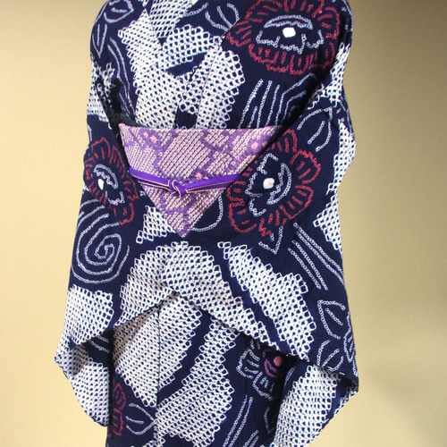 有松鳴海絞り 唐草模様 広襟そう手縫い仕立て 濃紺×ブルー 洗い