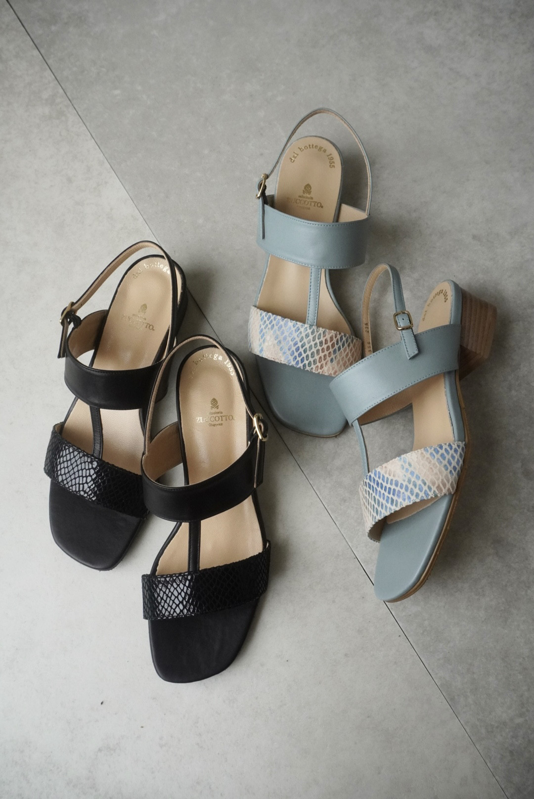 3.5cmヒール ダブルベルトサンダル ブラックパイソン・ブルーベージュミックス