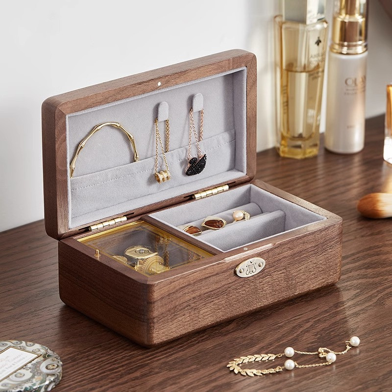 天然木のオルゴール メモリケース アクセサリー収納 リング・指輪置き ウォールナット 花梨 カリンの木