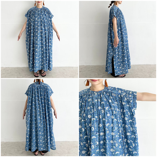 インド綿 ブロックプリントのロングシャツワンピース〔ホワイト