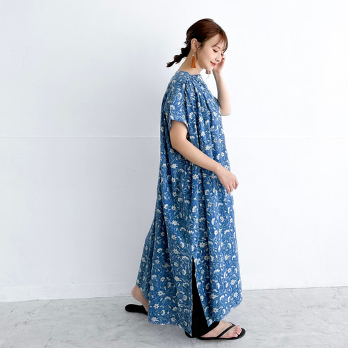 インド綿 ブロックプリントのロングシャツワンピース〔ホワイト