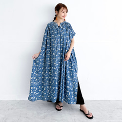 インド綿 ブロックプリントのロングシャツワンピース〔ホワイト