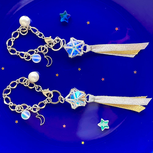 SOLD◆ハンドメイド　タッセルチャーム　星月　水色系ミックス 2way ヒンメリ星と月 リボンタッセル バッグチャーム サンキャッチャー