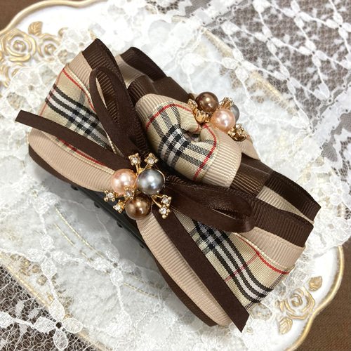 チェックリボンのバンスクリップ ブラウン ヘアクリップ ビジュー