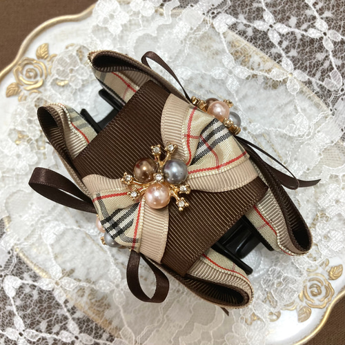 チェックリボンのバンスクリップ ブラウン ヘアクリップ ビジュー