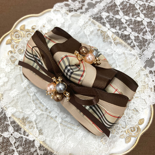 チェックリボンのバンスクリップ ブラウン ヘアクリップ ビジュー