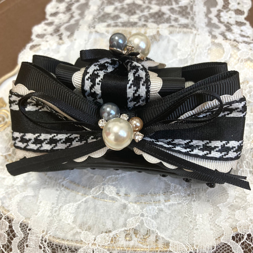 千鳥柄リボンのバンスクリップ ブラック ヘアクリップ ビジュー