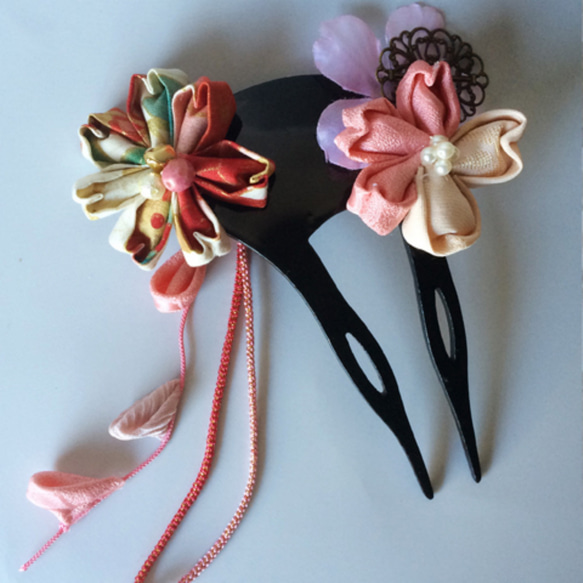 浴衣頭髮頭飾 kanzashi 粉紅旋鈕工作成人儀式婚禮 SAKURASAKU 時尚 kanzashi(櫻花跳舞) 第1張的照片