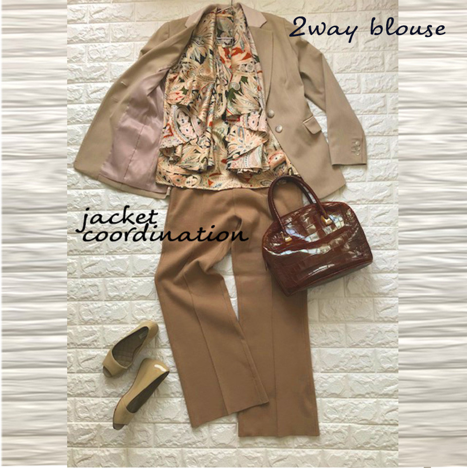 「二の腕」カバー・ケープ付2Wayラグジュアリー・ブラウス、日焼け防止・空調対策用～カラフルプリント柄～【 一点もの】