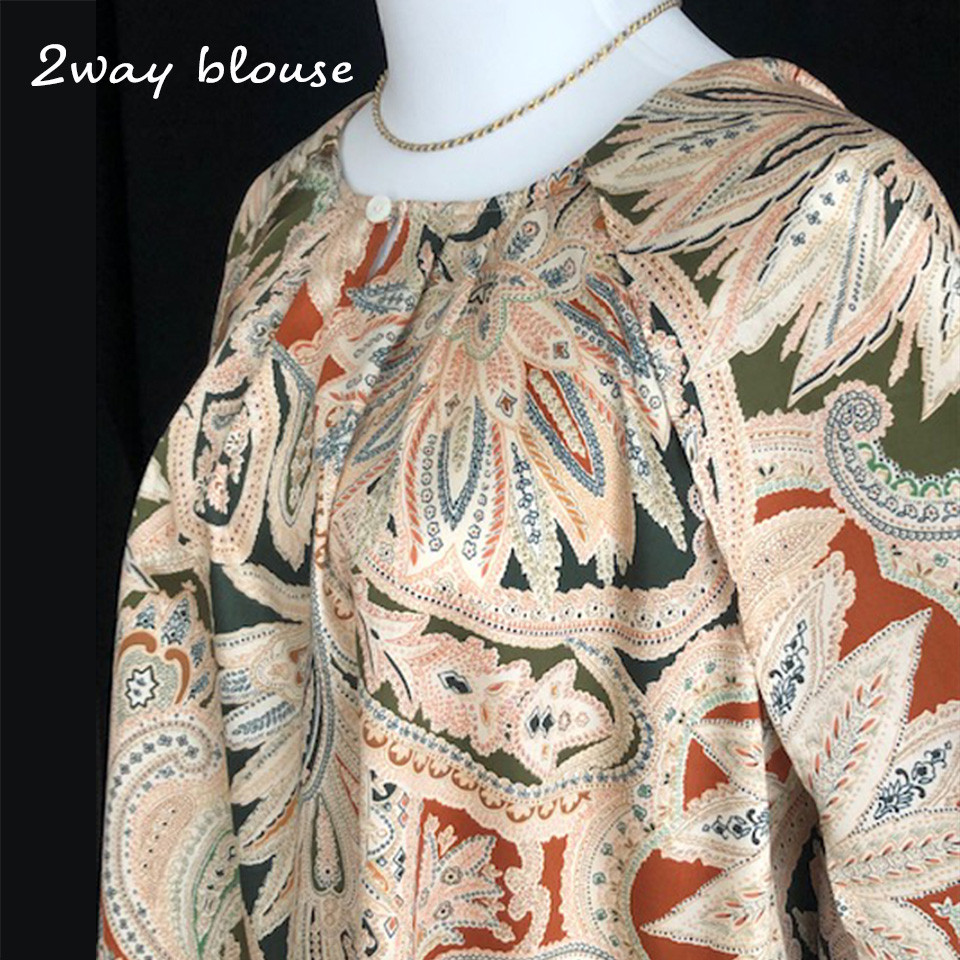 「二の腕」カバー・ケープ付2Wayラグジュアリー・ブラウス、日焼け防止・空調対策用～カラフルプリント柄～【 一点もの】