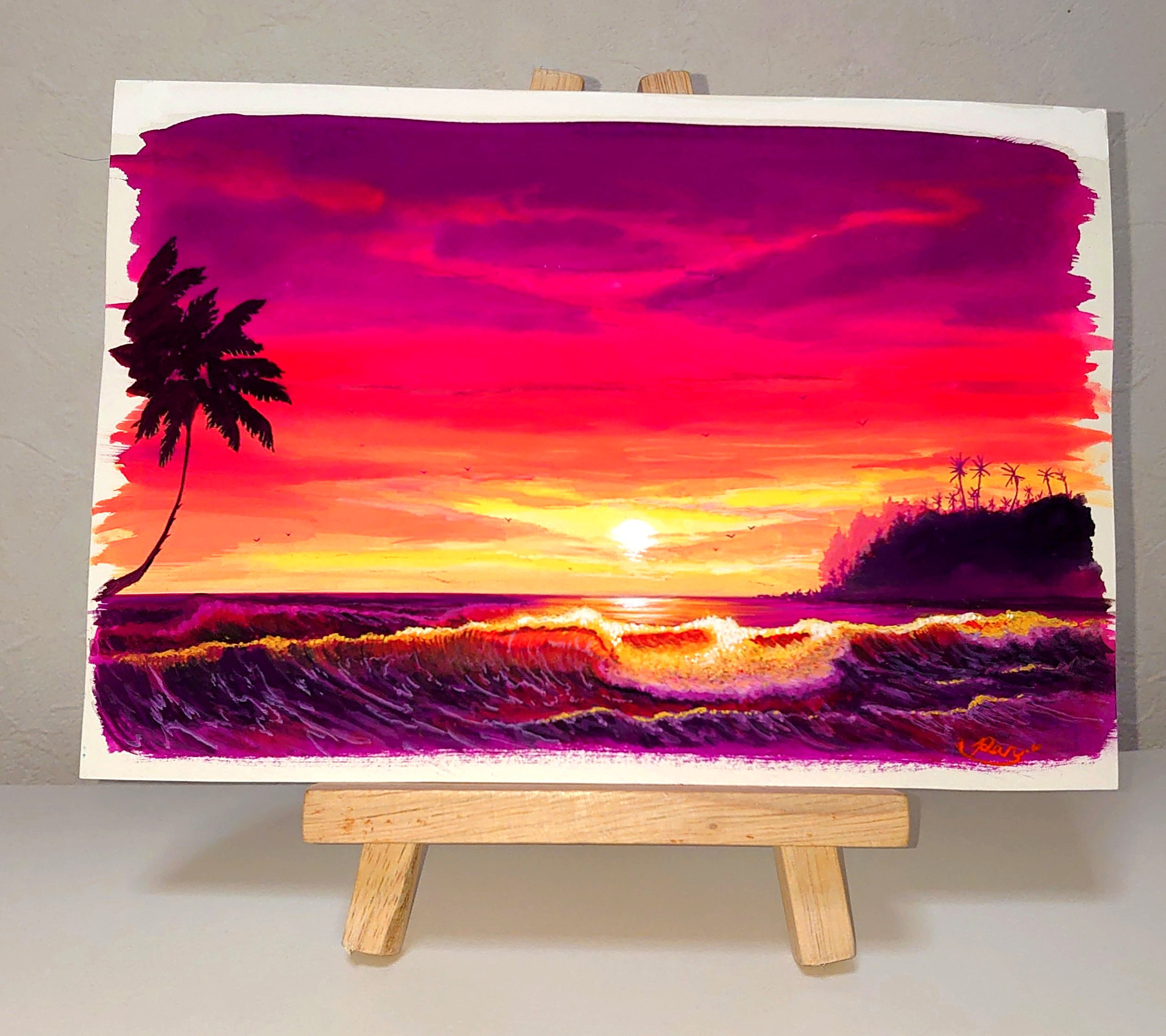 【現金特価】 風景画『夕陽と輝く波』 ／原画 ※額縁等は 手書き 水彩画 一点物 絵画
