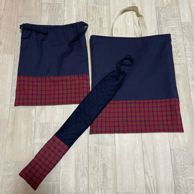 お稽古袋 3点セット ネイビー 赤チェック