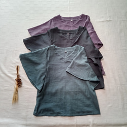 ニュアンスカラー　フレア袖ブラウス　五分袖　くすみグレープ　柔らかダブルガーゼ 12枚目の画像