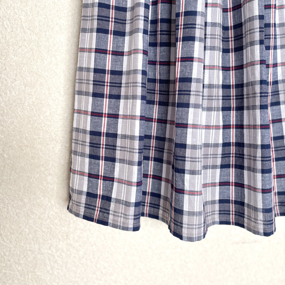 【低身長さん向け洋服】コットンリネン　タックスカート　（色柄：マドラスチェック　ブルー） 9枚目の画像